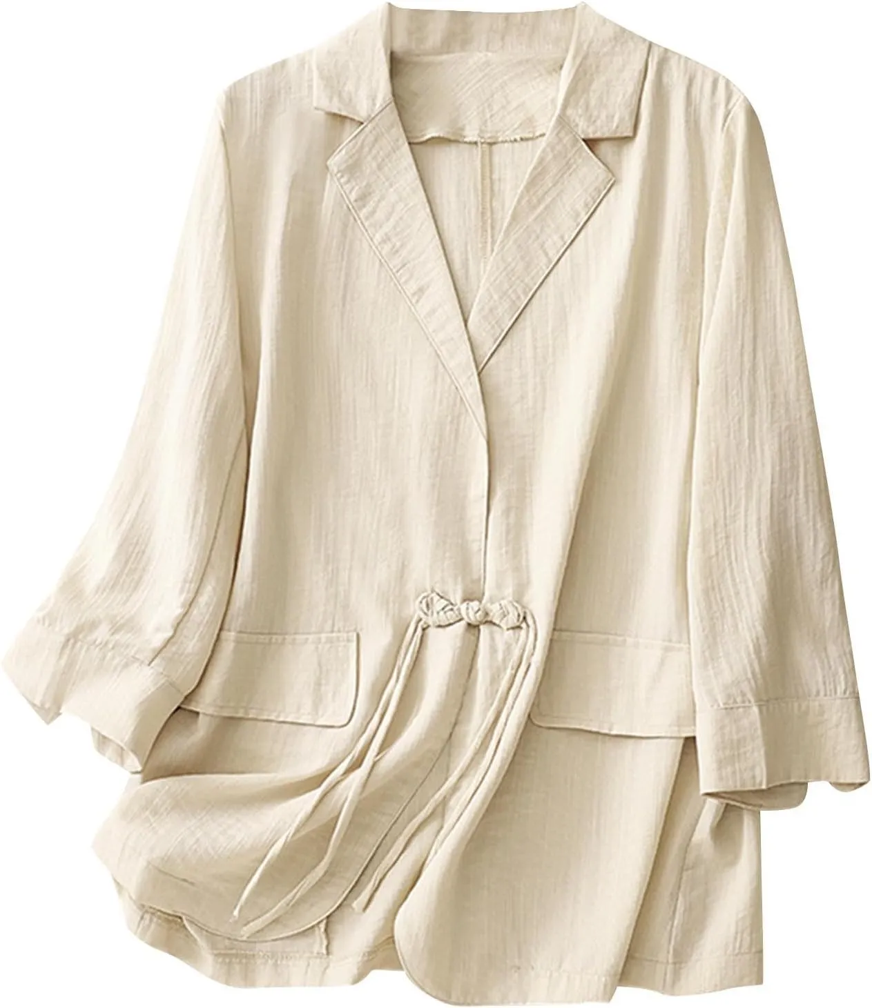 Women's Fall Casual Cotton Linen Blazers Lapel 3/4 Sleeve Open Front Lightweight Solid Color Jackets Coat with Pockets