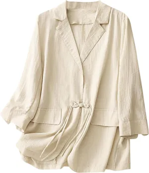 Women's Fall Casual Cotton Linen Blazers Lapel 3/4 Sleeve Open Front Lightweight Solid Color Jackets Coat with Pockets