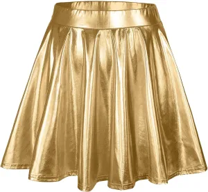 Women's Fashion High Waist Pleated Solid Color Short Skirt Loose Skirt Metallic Skater Skirt Girls Faux Leather