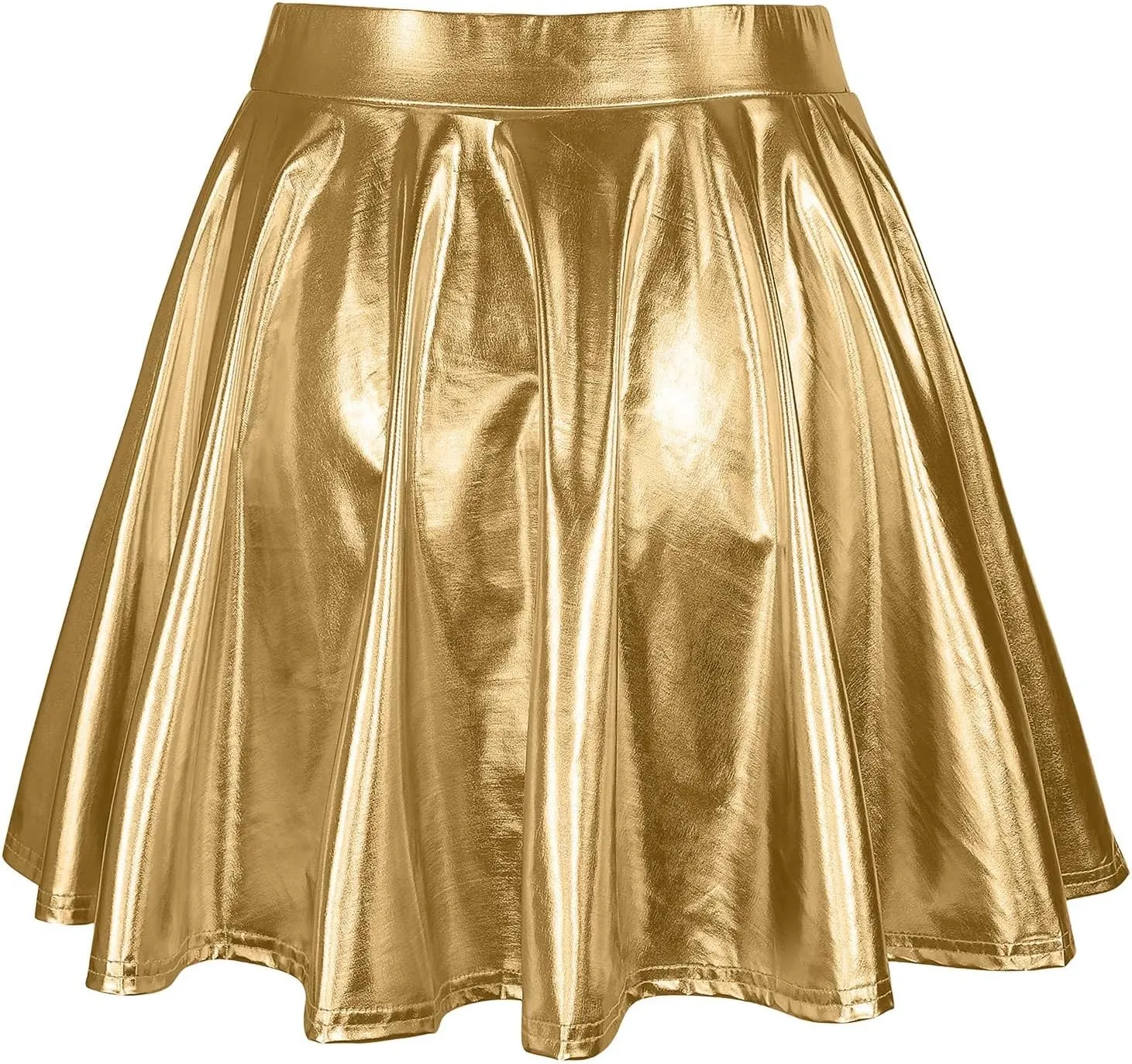 Women's Fashion High Waist Pleated Solid Color Short Skirt Loose Skirt Metallic Skater Skirt Girls Faux Leather
