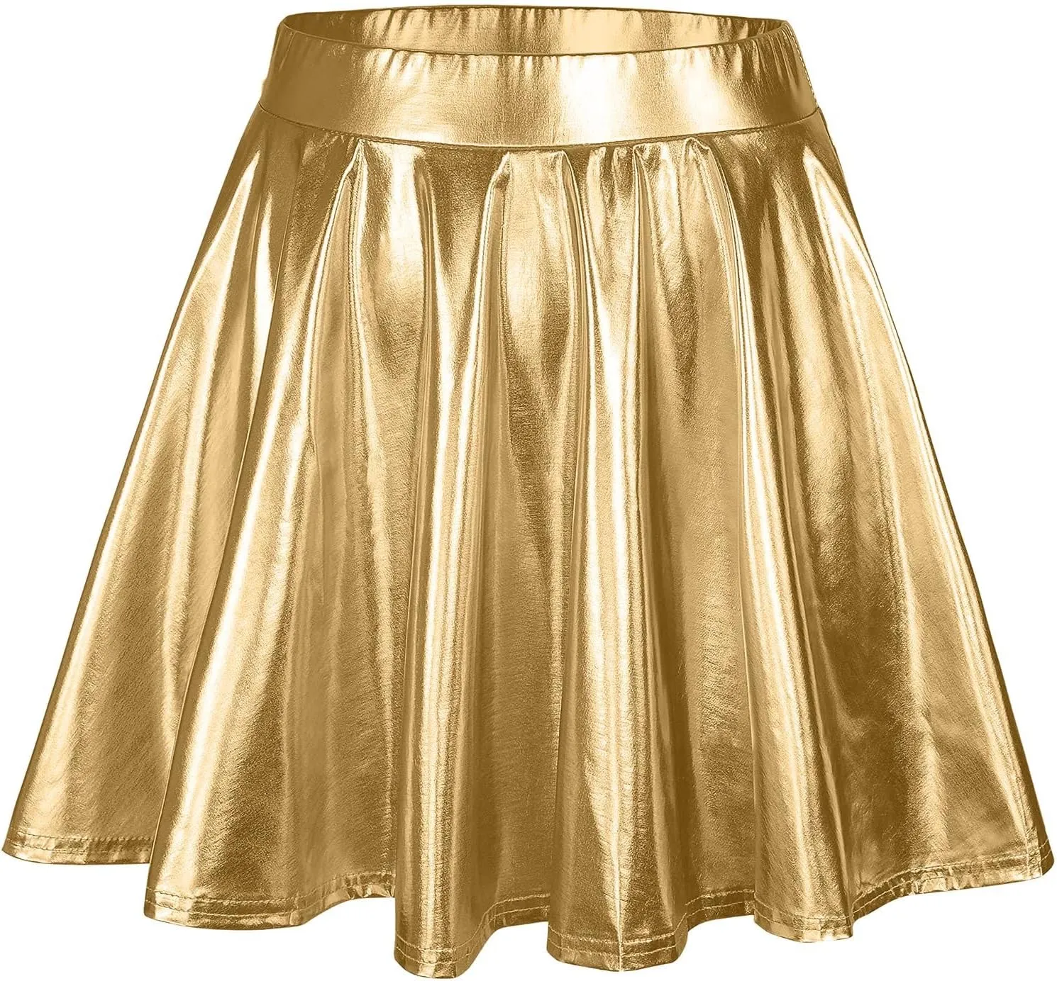 Women's Fashion High Waist Pleated Solid Color Short Skirt Loose Skirt Metallic Skater Skirt Girls Faux Leather