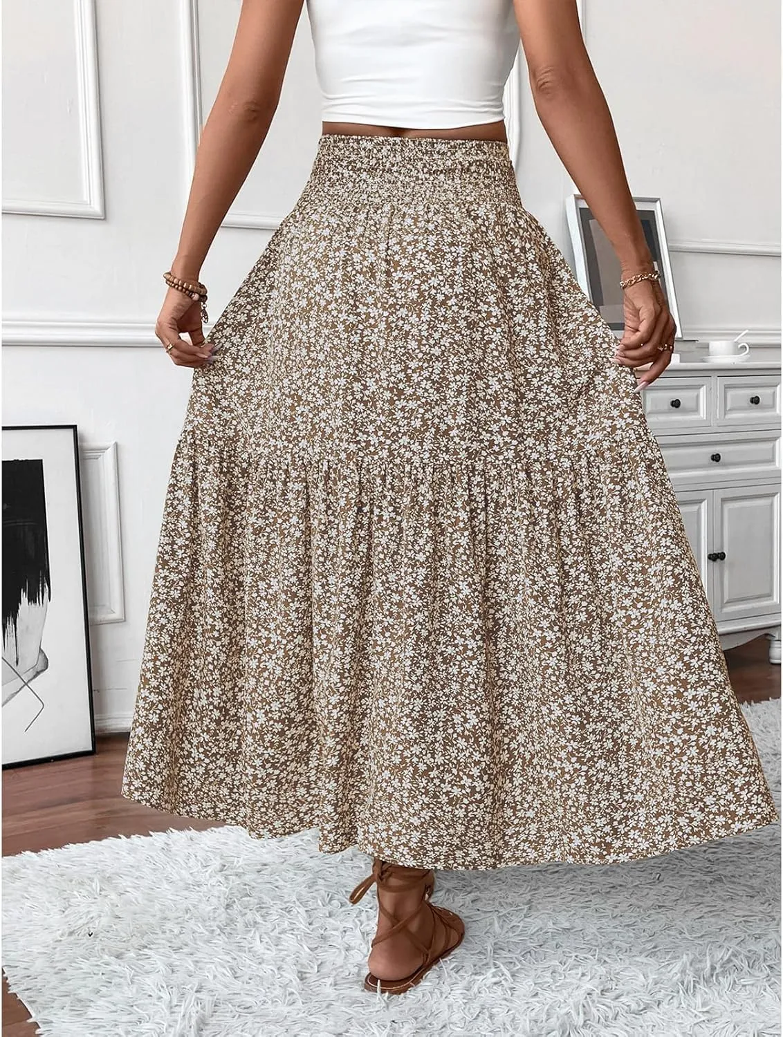 Women's Floral Maxi Skirts Summer Print Elastic High Waisted Ruffle Hem Skorts Casual Flowy Boho Long Beach Skirts
