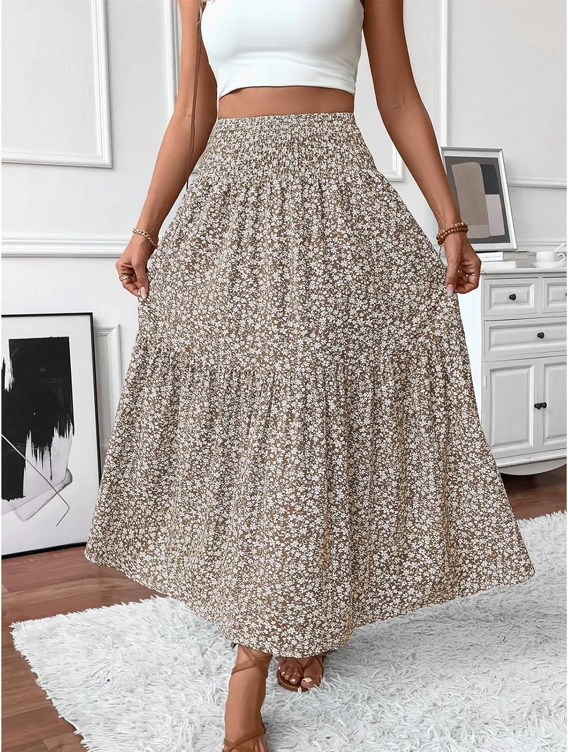 Women's Floral Maxi Skirts Summer Print Elastic High Waisted Ruffle Hem Skorts Casual Flowy Boho Long Beach Skirts