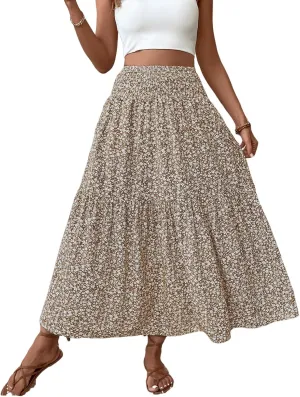 Women's Floral Maxi Skirts Summer Print Elastic High Waisted Ruffle Hem Skorts Casual Flowy Boho Long Beach Skirts