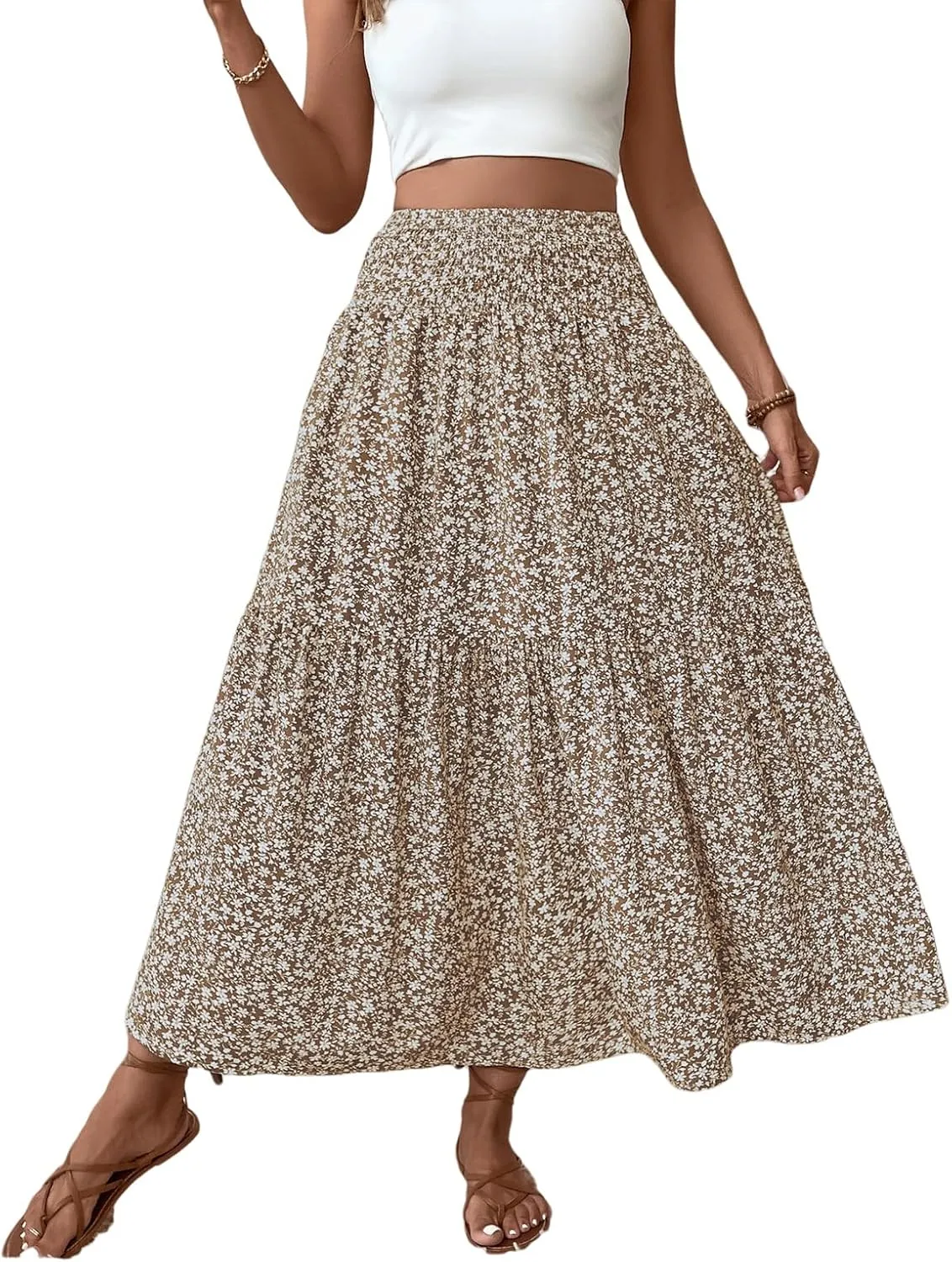 Women's Floral Maxi Skirts Summer Print Elastic High Waisted Ruffle Hem Skorts Casual Flowy Boho Long Beach Skirts