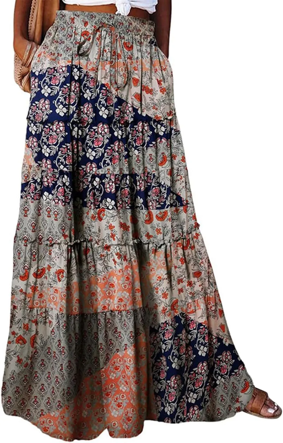 Women's Floral Print Midi Skirts 2025 Summer Aline Elastic High Waist Pleated Flowy Long Skirt Pockets Cute Skirts