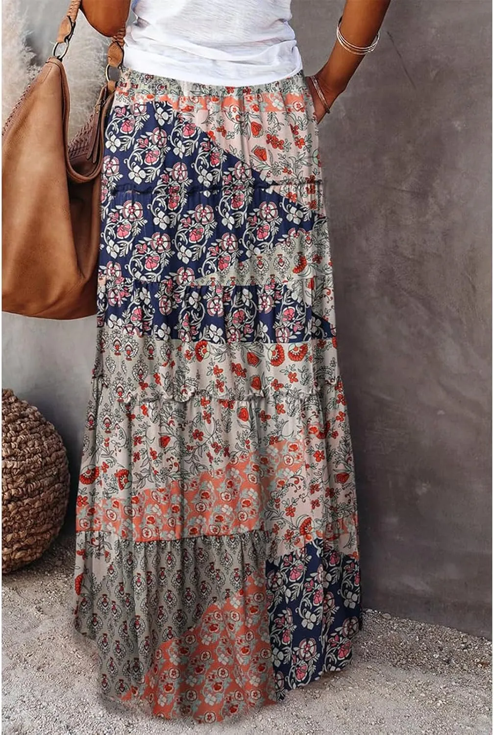 Women's Floral Print Midi Skirts 2025 Summer Aline Elastic High Waist Pleated Flowy Long Skirt Pockets Cute Skirts
