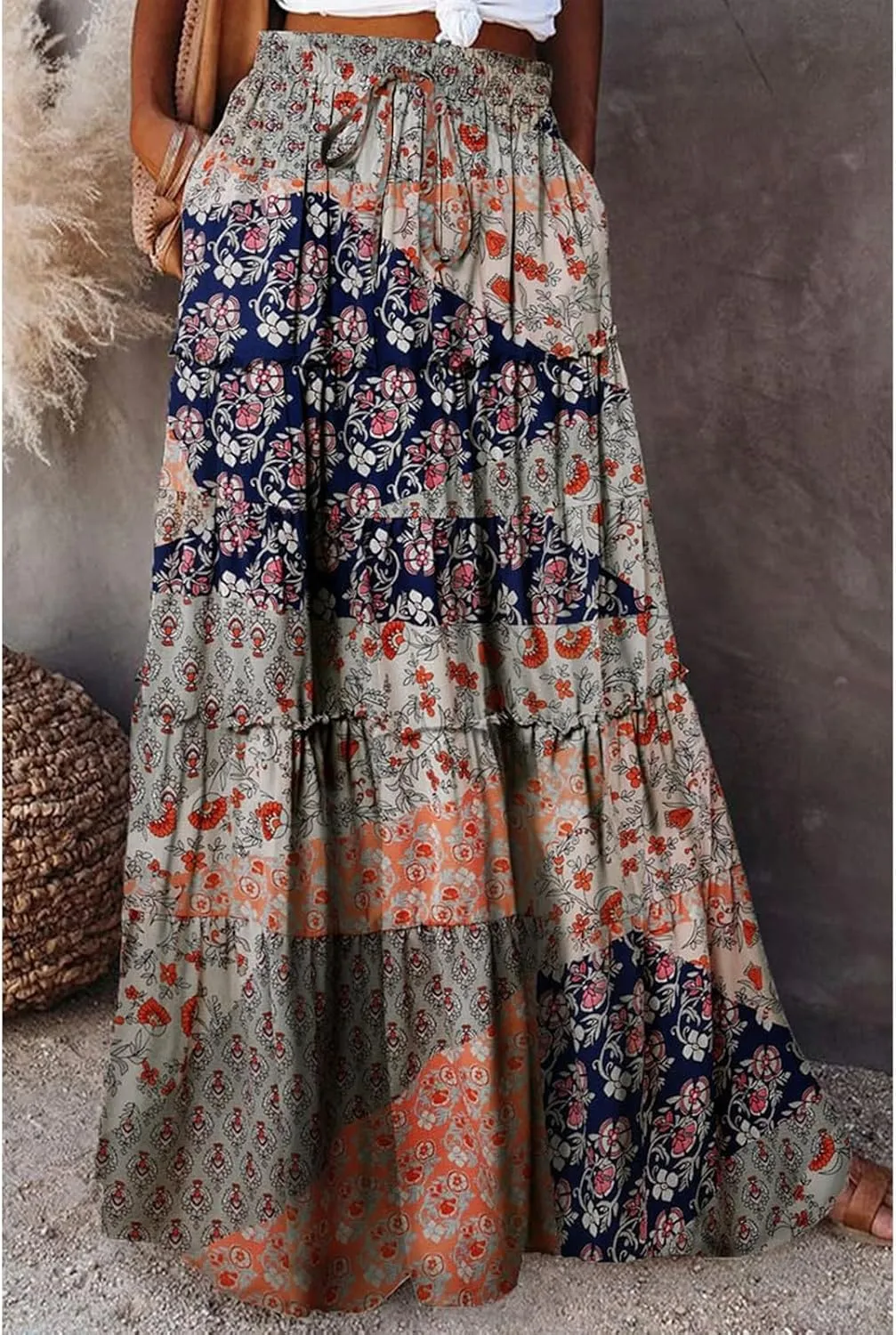 Women's Floral Print Midi Skirts 2025 Summer Aline Elastic High Waist Pleated Flowy Long Skirt Pockets Cute Skirts