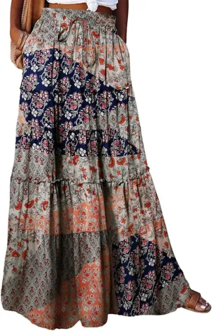 Women's Floral Print Midi Skirts 2025 Summer Aline Elastic High Waist Pleated Flowy Long Skirt Pockets Cute Skirts