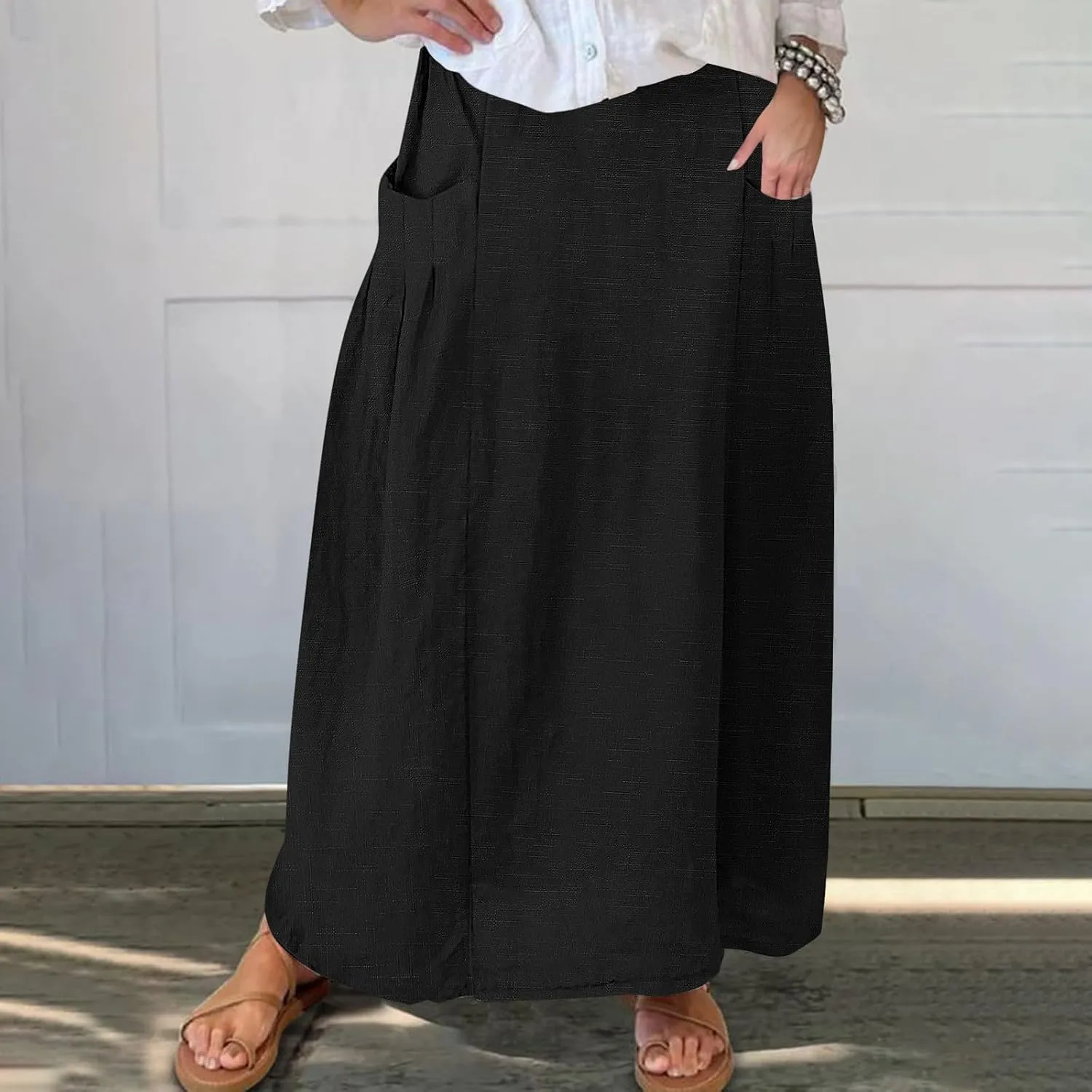 Women's Flowy Maxi Skirt Ankle Length High Waist A-line Skirts Summer Casual Flowy Long Skirts with Pockets