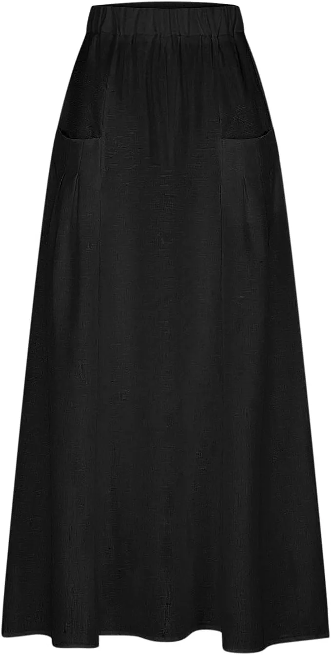 Women's Flowy Maxi Skirt Ankle Length High Waist A-line Skirts Summer Casual Flowy Long Skirts with Pockets
