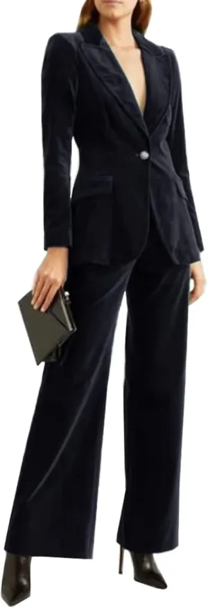 Womens Formal 2 Piece Outfit Velvet Prom Suit Set One Button Business Office Lady Blazer Pants