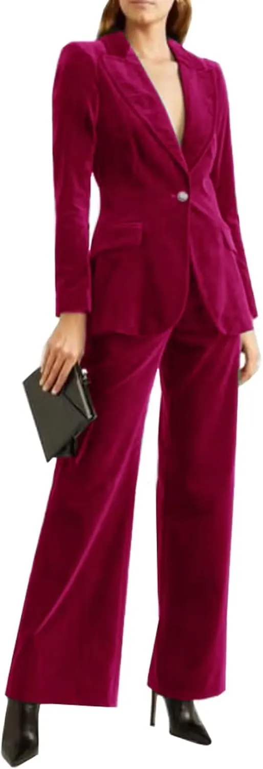 Womens Formal 2 Piece Outfit Velvet Prom Suit Set One Button Business Office Lady Blazer Pants