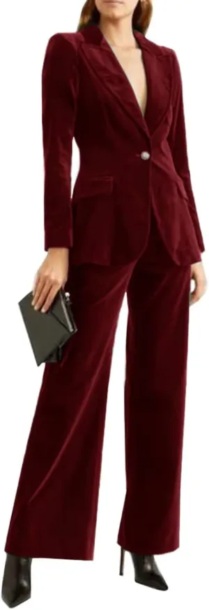 Womens Formal 2 Piece Outfit Velvet Prom Suit Set One Button Business Office Lady Blazer Pants