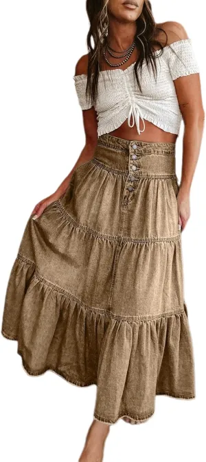Women's High Waist Denim Skirt Button Down Boho Pleated Tiered Ruffle Jean Skirt Casual Flowy A Line Maxi Skirt