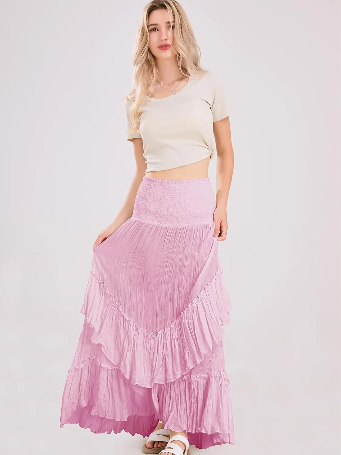 Women's High Waist Maxi Skirts Novelty Flowy Layered Pleated Casual Beach Long Skirt