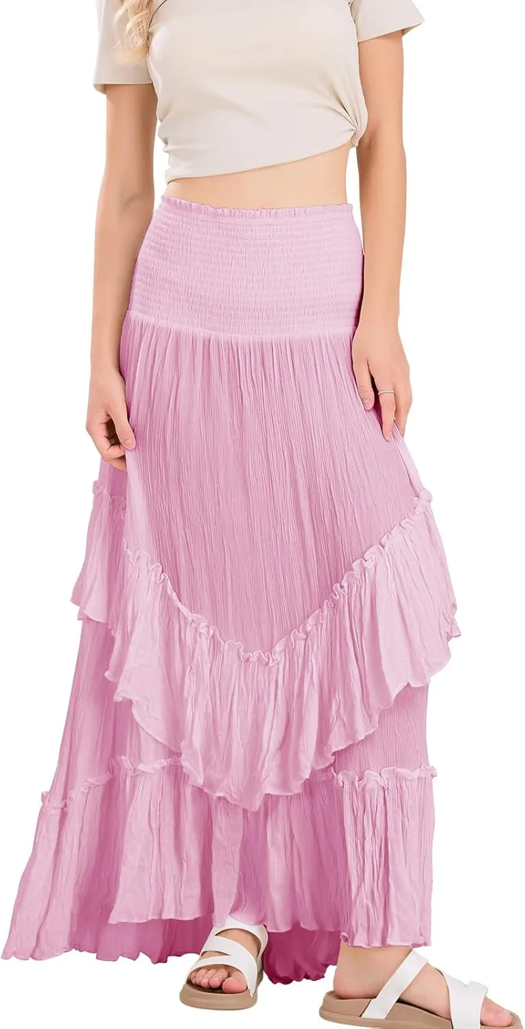Women's High Waist Maxi Skirts Novelty Flowy Layered Pleated Casual Beach Long Skirt