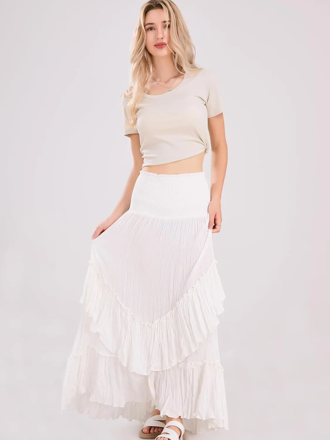 Women's High Waist Maxi Skirts Novelty Flowy Layered Pleated Casual Beach Long Skirt
