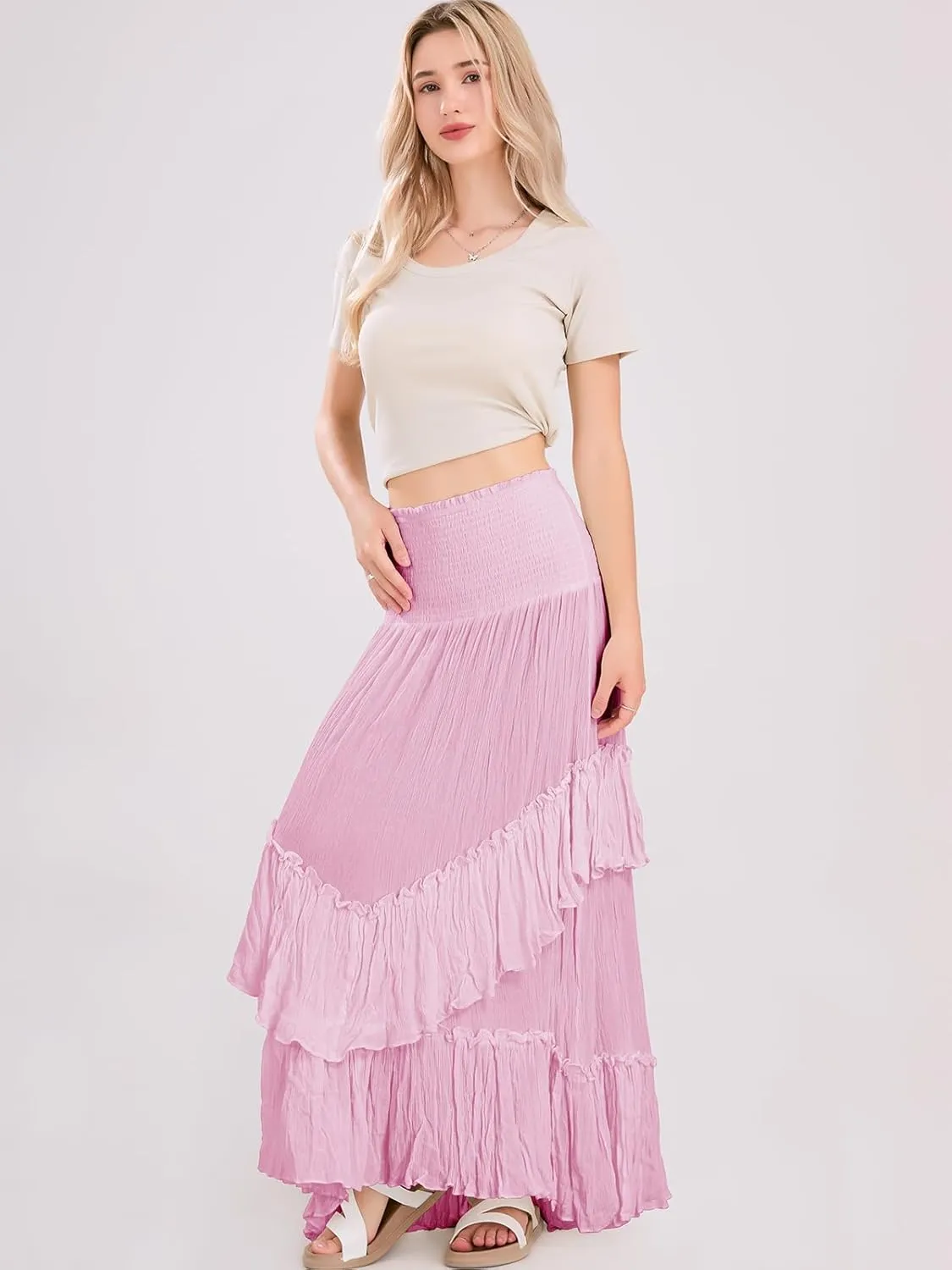 Women's High Waist Maxi Skirts Novelty Flowy Layered Pleated Casual Beach Long Skirt