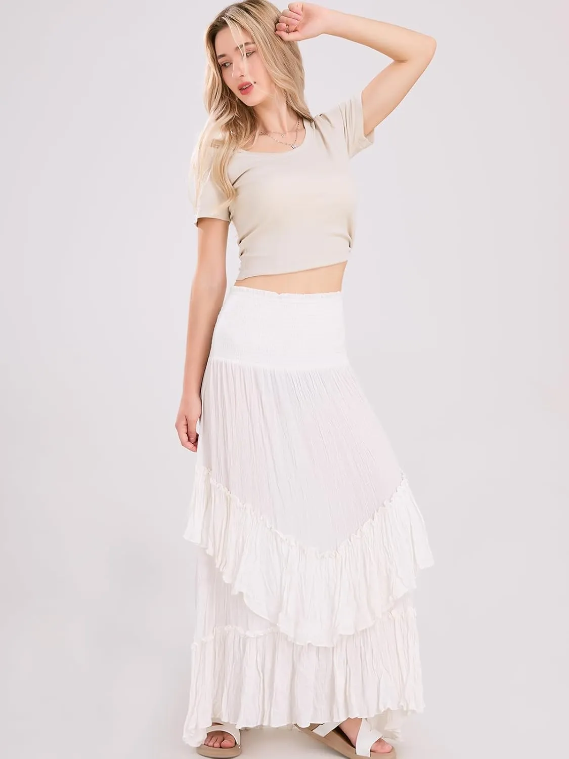 Women's High Waist Maxi Skirts Novelty Flowy Layered Pleated Casual Beach Long Skirt