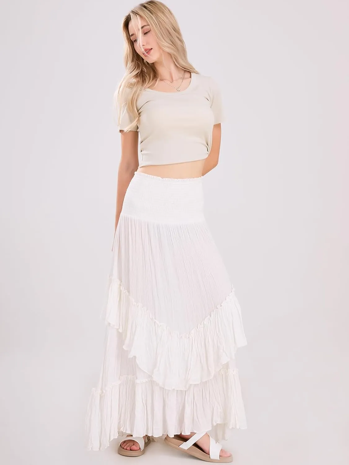 Women's High Waist Maxi Skirts Novelty Flowy Layered Pleated Casual Beach Long Skirt