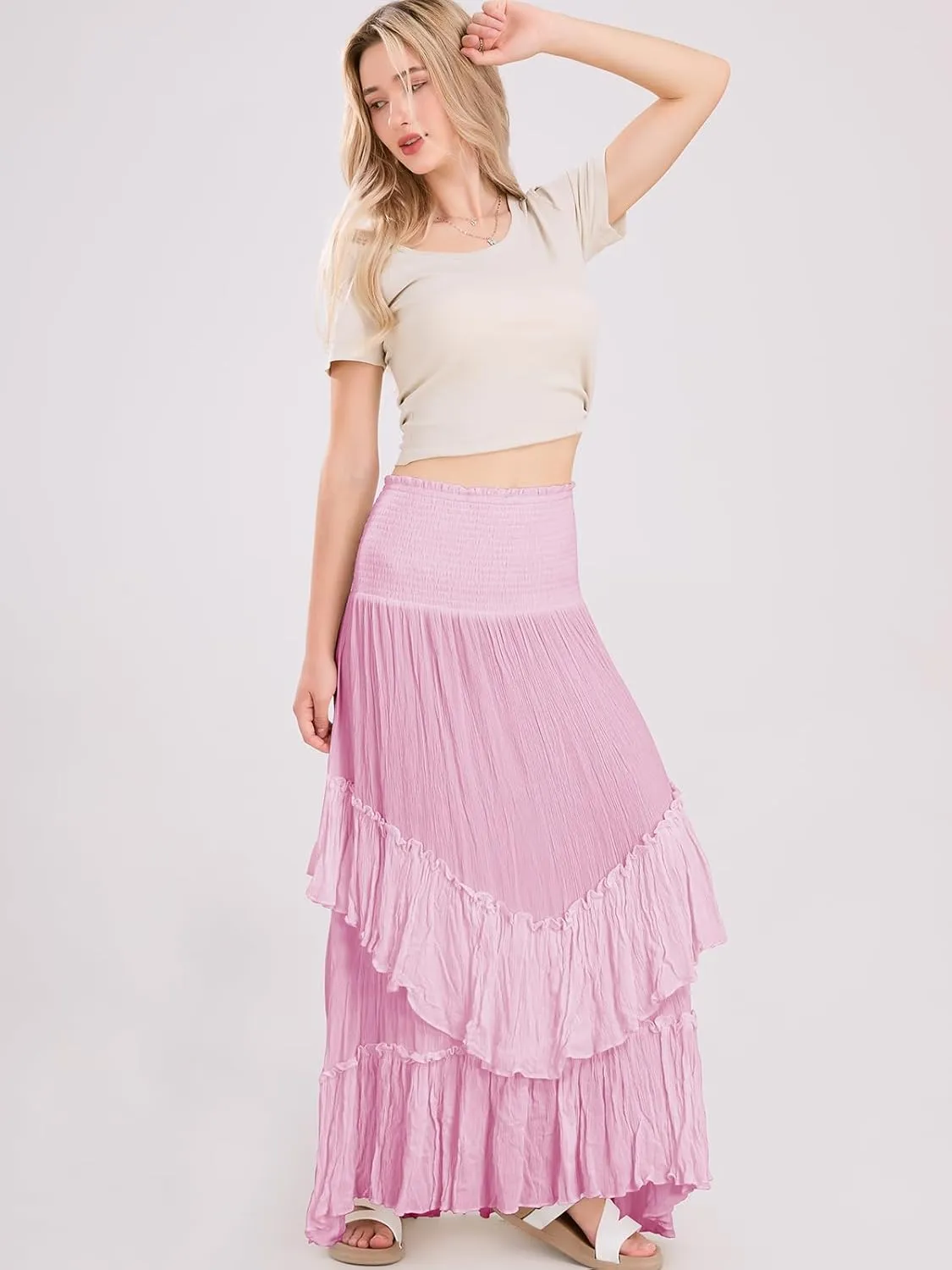 Women's High Waist Maxi Skirts Novelty Flowy Layered Pleated Casual Beach Long Skirt