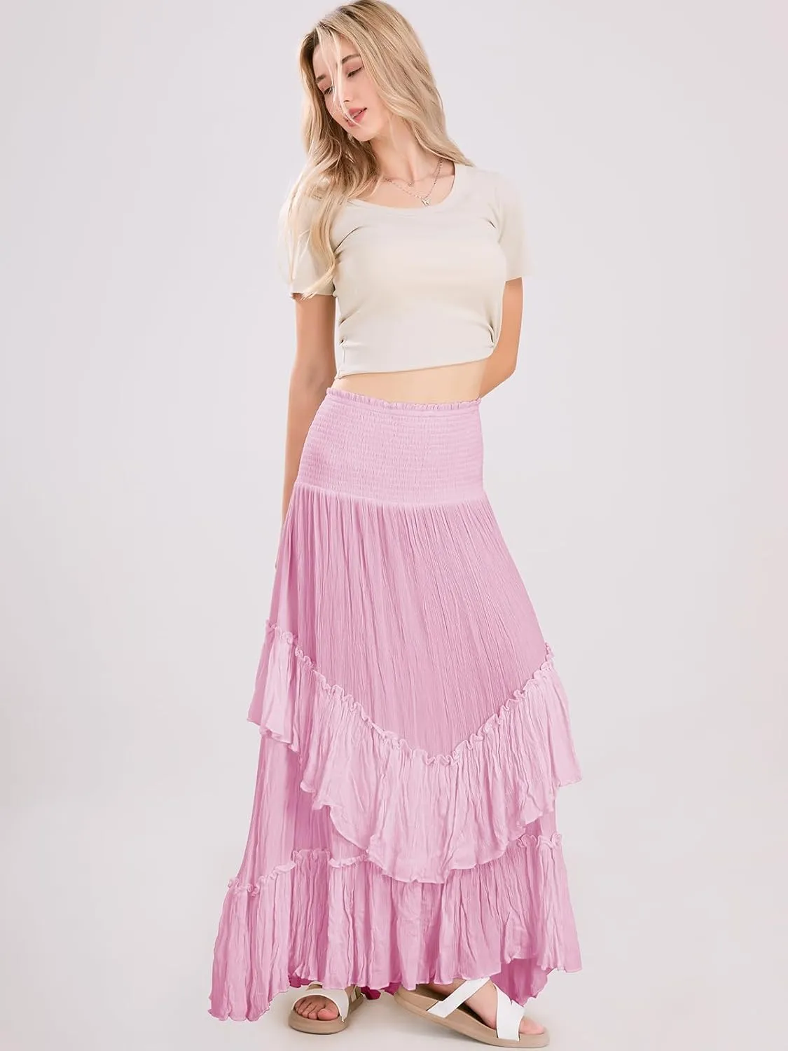 Women's High Waist Maxi Skirts Novelty Flowy Layered Pleated Casual Beach Long Skirt