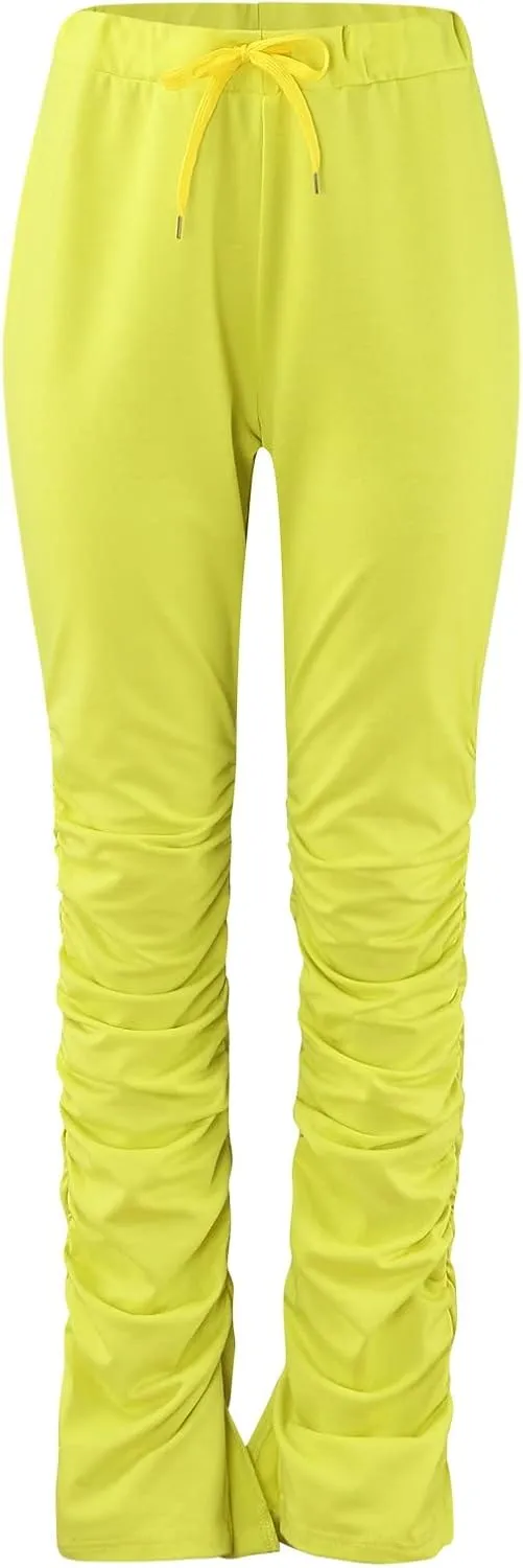 Womens High Waist Pants Elastic Waist Side Split Casual Pants Comfort Straight Leg Long Pants Lightweight for Women