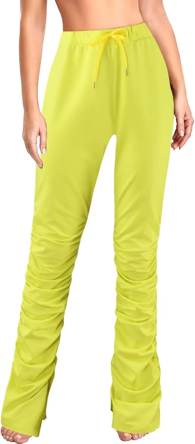 Womens High Waist Pants Elastic Waist Side Split Casual Pants Comfort Straight Leg Long Pants Lightweight for Women