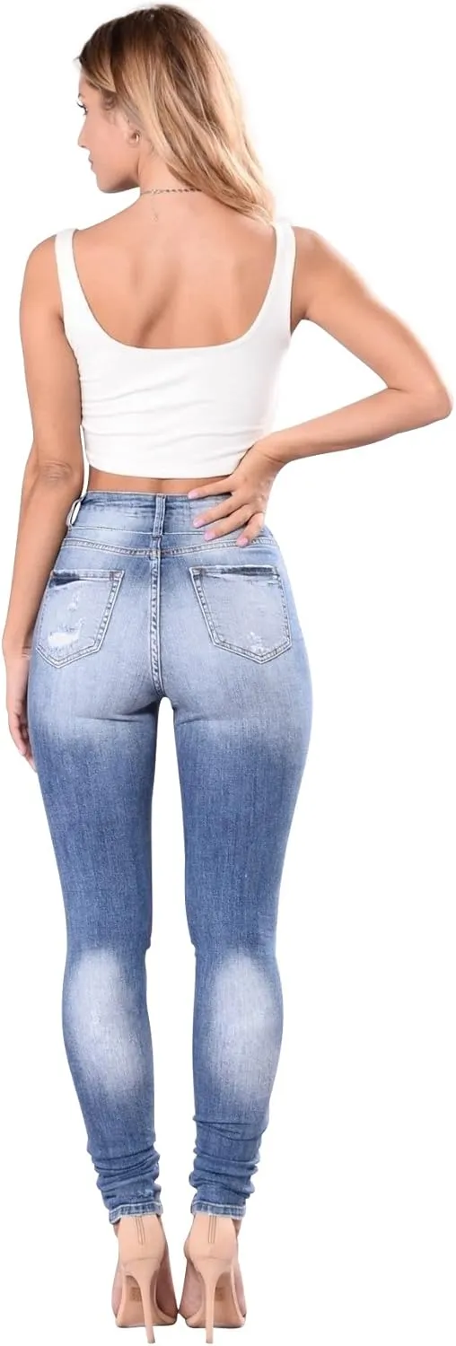 Women's High Waisted Butt Lift Stretch Ripped Skinny Jeans Juniors Distressed Button Down Jeans