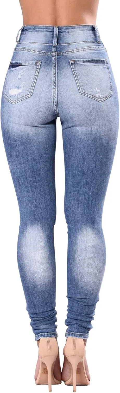 Women's High Waisted Butt Lift Stretch Ripped Skinny Jeans Juniors Distressed Button Down Jeans