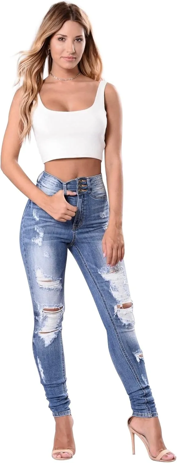 Women's High Waisted Butt Lift Stretch Ripped Skinny Jeans Juniors Distressed Button Down Jeans