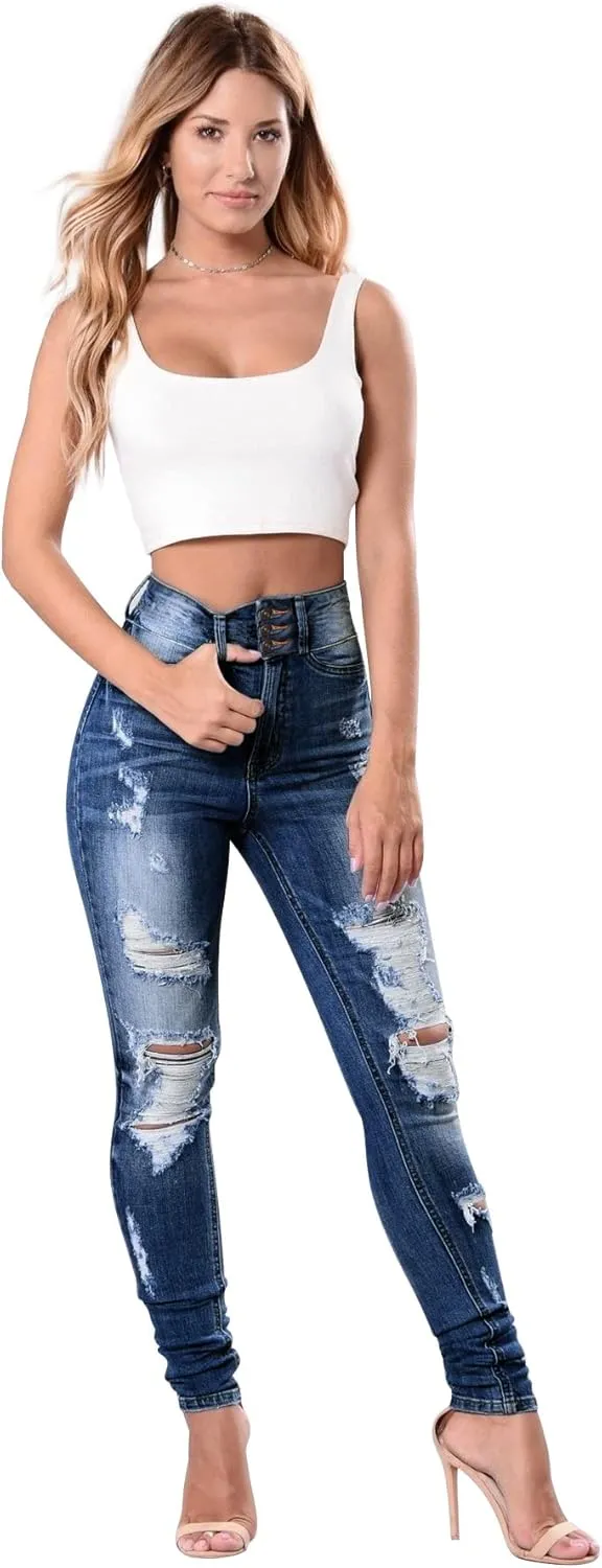 Women's High Waisted Butt Lift Stretch Ripped Skinny Jeans Juniors Distressed Button Down Jeans