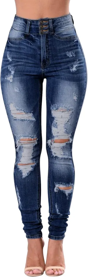 Women's High Waisted Butt Lift Stretch Ripped Skinny Jeans Juniors Distressed Button Down Jeans
