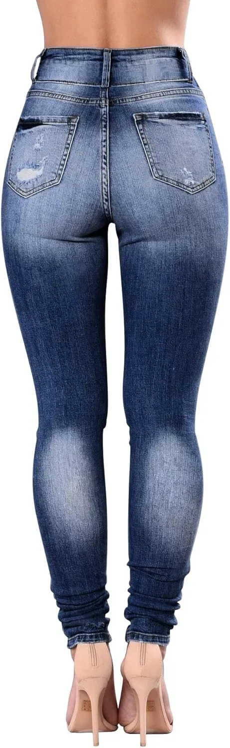 Women's High Waisted Butt Lift Stretch Ripped Skinny Jeans Juniors Distressed Button Down Jeans