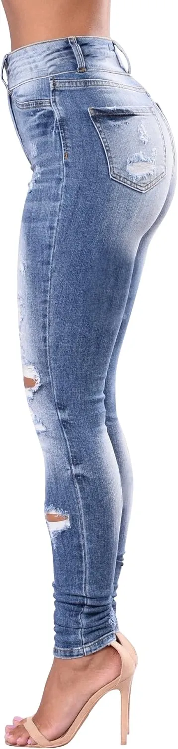 Women's High Waisted Butt Lift Stretch Ripped Skinny Jeans Juniors Distressed Button Down Jeans