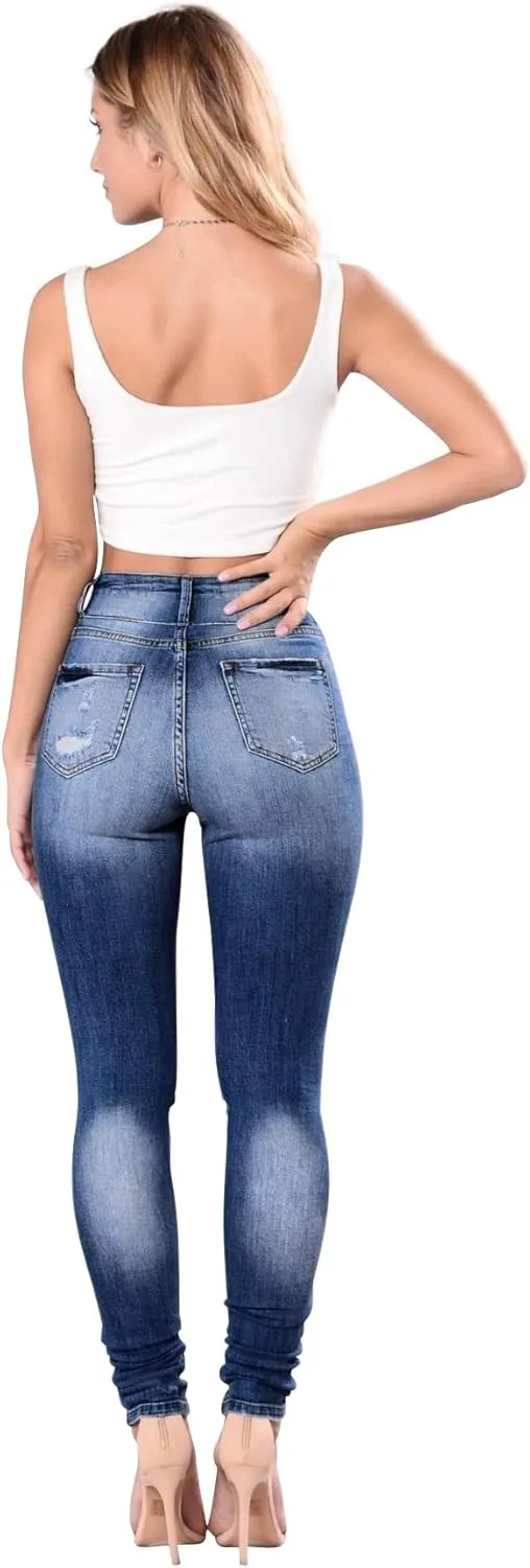 Women's High Waisted Butt Lift Stretch Ripped Skinny Jeans Juniors Distressed Button Down Jeans