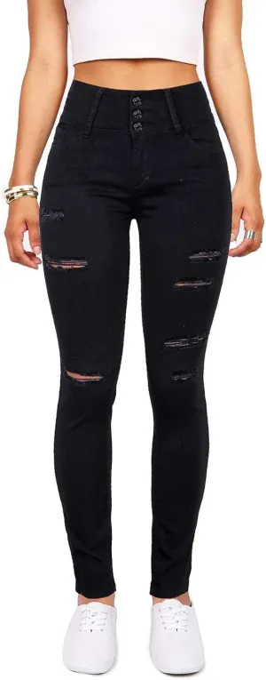 Women's High Waisted Butt Lift Stretch Ripped Skinny Jeans Juniors Distressed Button Down Jeans