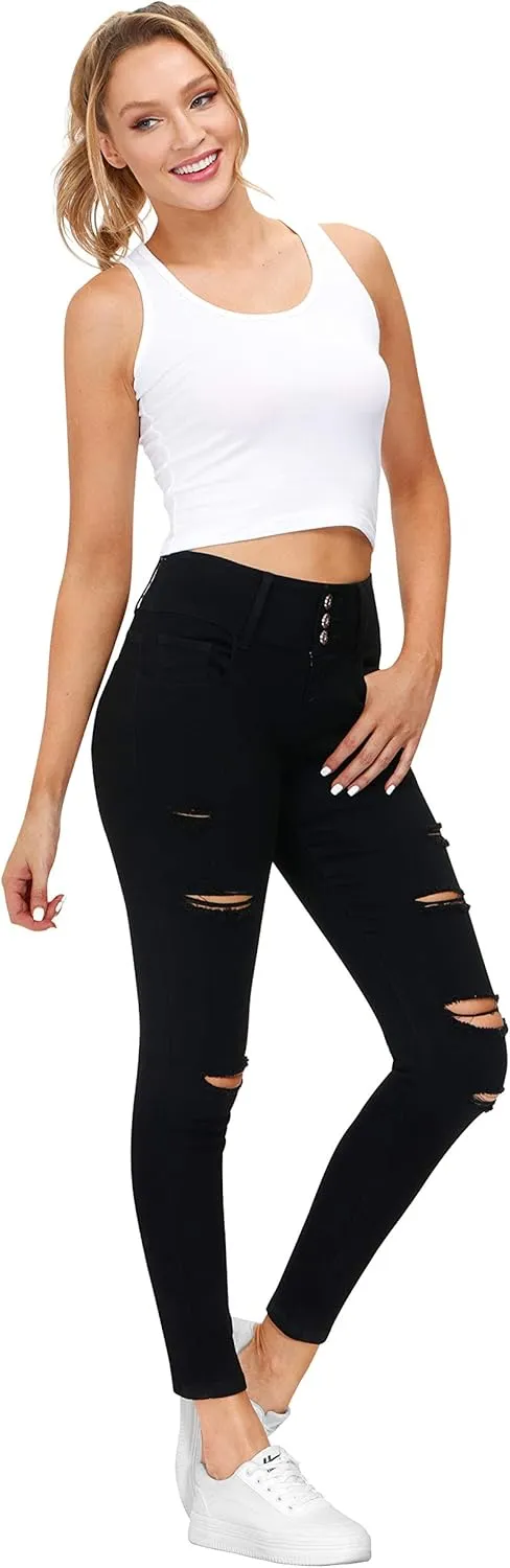 Women's High Waisted Butt Lift Stretch Ripped Skinny Jeans Juniors Distressed Button Down Jeans