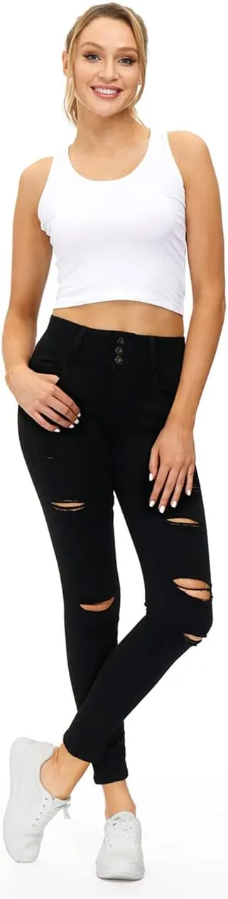 Women's High Waisted Butt Lift Stretch Ripped Skinny Jeans Juniors Distressed Button Down Jeans