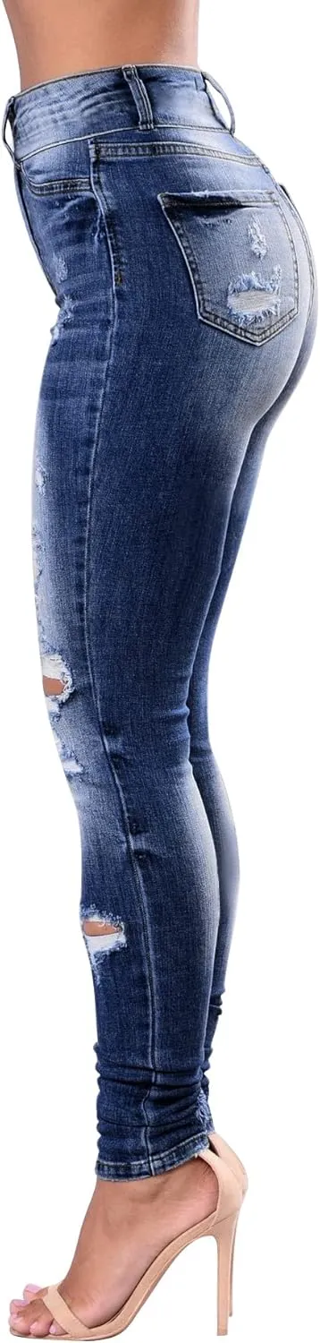 Women's High Waisted Butt Lift Stretch Ripped Skinny Jeans Juniors Distressed Button Down Jeans