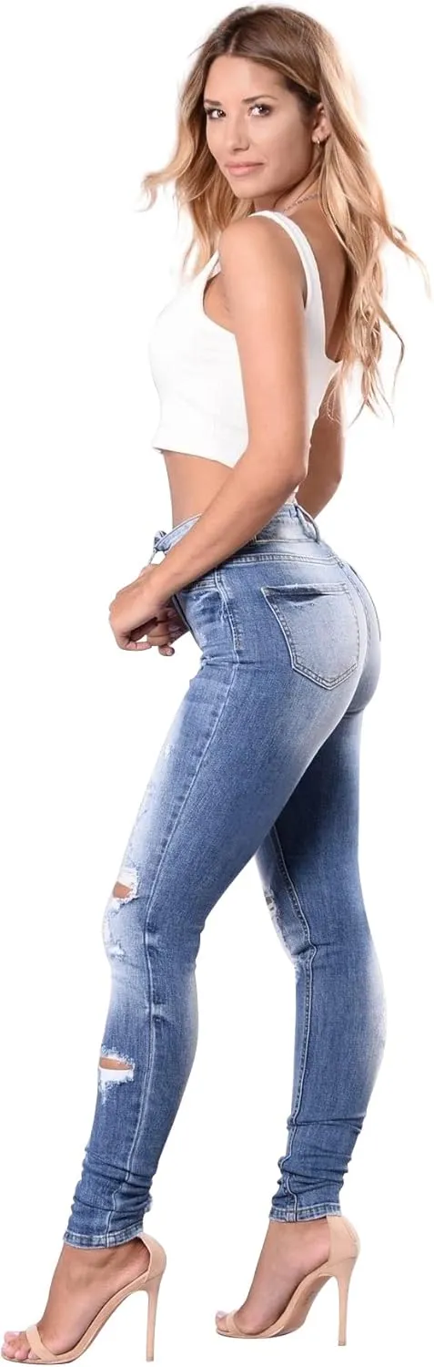 Women's High Waisted Butt Lift Stretch Ripped Skinny Jeans Juniors Distressed Button Down Jeans