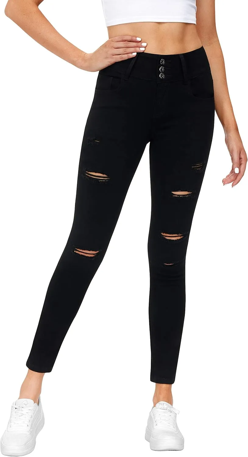 Women's High Waisted Butt Lift Stretch Ripped Skinny Jeans Juniors Distressed Button Down Jeans