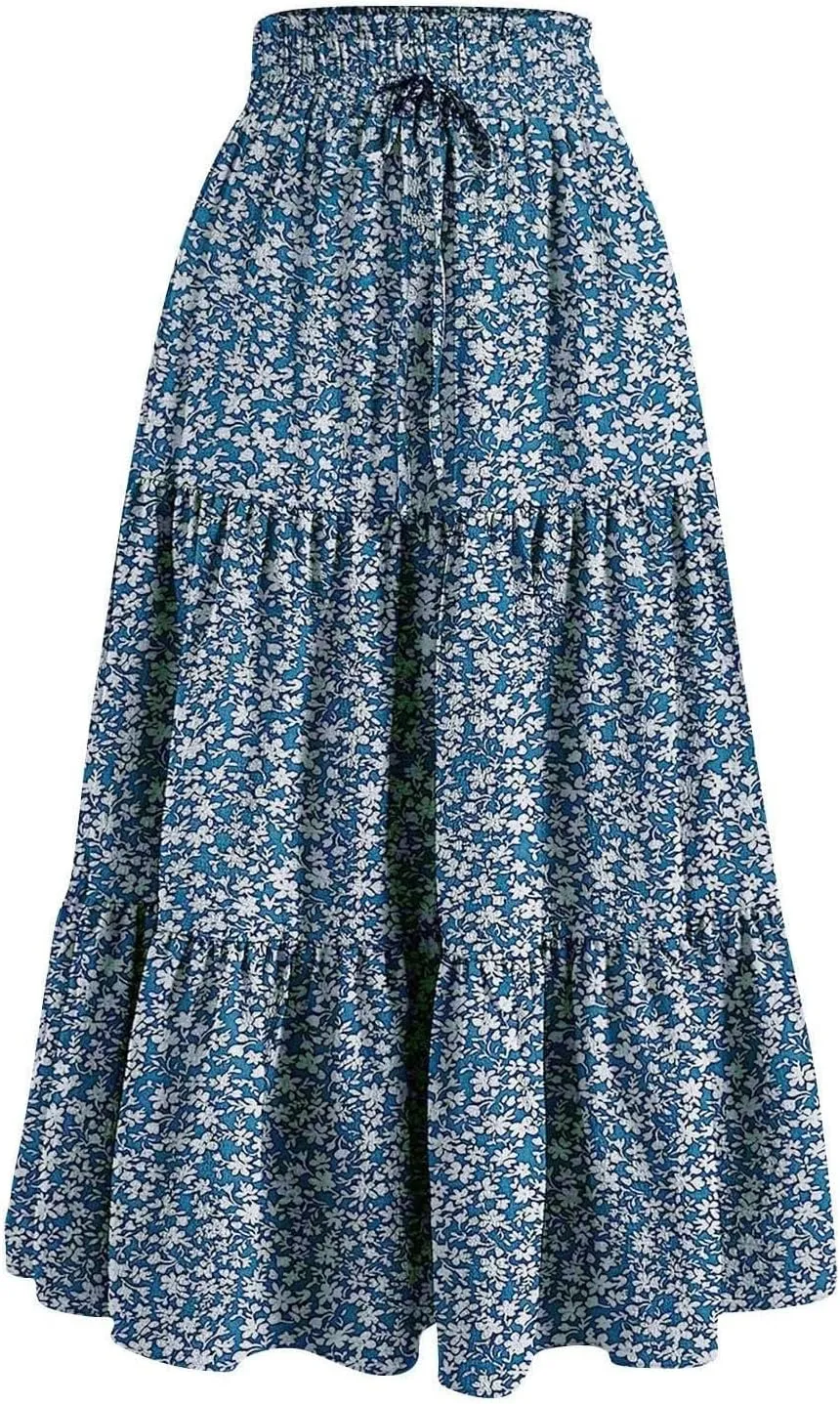 Womens High Waisted Elastic Skirt 2025 Trendy Casual Print Long Skirt Summer Flowy Swing Pleated A-Line Maxi Skirts