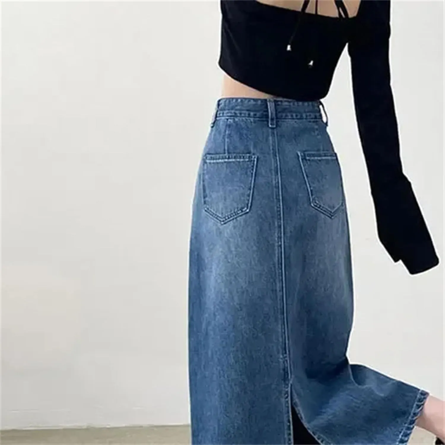 Women's High-Waisted Straight-Leg Denim Skirt  Mid-Length A-Line Button-Down Maxi Skirt