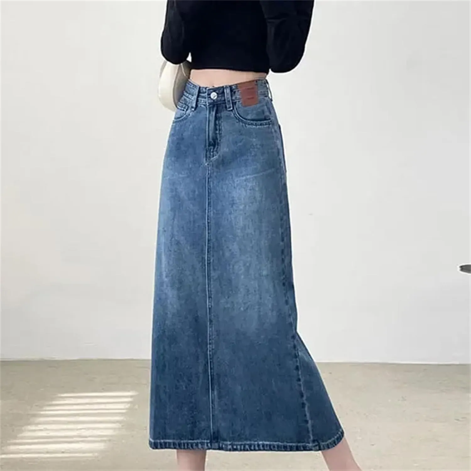 Women's High-Waisted Straight-Leg Denim Skirt  Mid-Length A-Line Button-Down Maxi Skirt