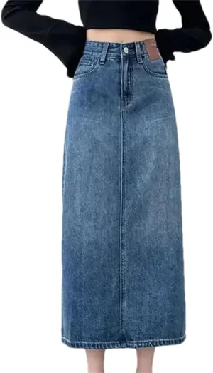 Women's High-Waisted Straight-Leg Denim Skirt  Mid-Length A-Line Button-Down Maxi Skirt