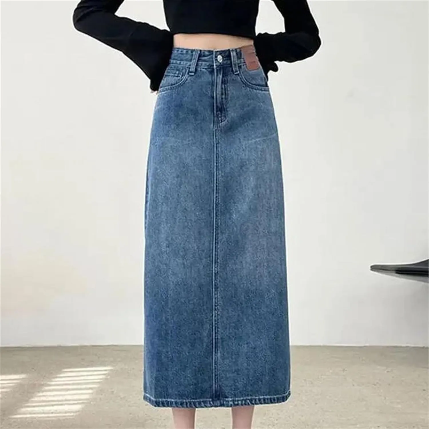 Women's High-Waisted Straight-Leg Denim Skirt  Mid-Length A-Line Button-Down Maxi Skirt