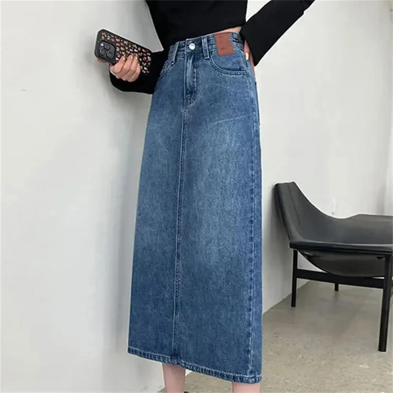 Women's High-Waisted Straight-Leg Denim Skirt  Mid-Length A-Line Button-Down Maxi Skirt