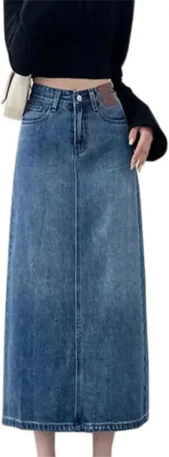 Women's High-Waisted Straight-Leg Denim Skirt  Mid-Length A-Line Button-Down Maxi Skirt